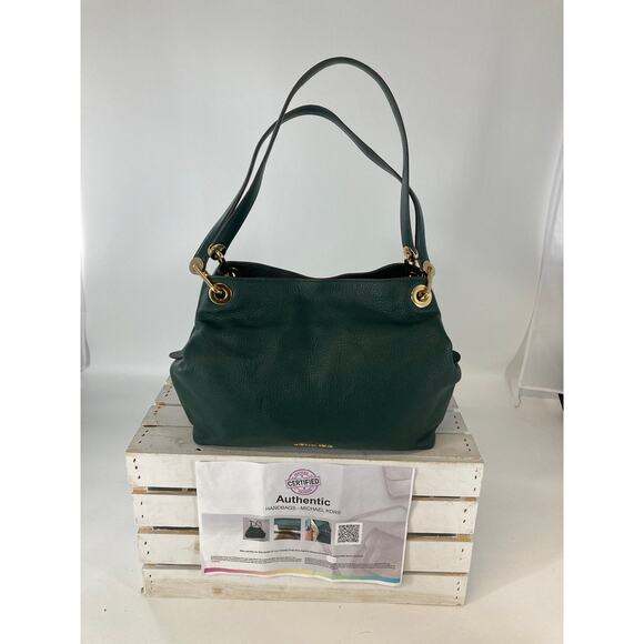 MICHAEL KORS, LARGE HUNTER GREEN PEBBLED LEATHER SHOULDER BAG - Picture 1 of 16